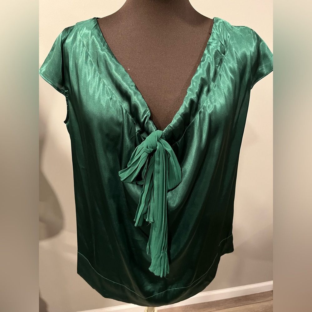 Elegant Green Satin Blouse with Bow
